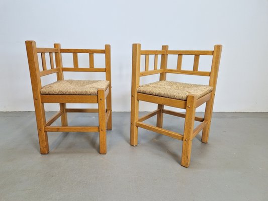 Vintage Brutalist Natural Oak Rush Corner Chair 1960s Set of 2