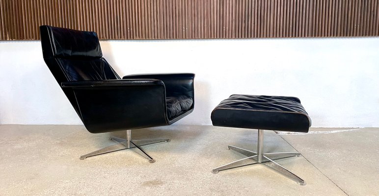 Large Model Siesta 62 Leather Lounge Chair Ottoman by Jaques Br le for Hans Kaufeld Germany 1960s Set of 2