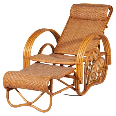 Ausziehbarer Boho Bambus Liegestuhl aus Rattan mit Zeitschriftenhalter,  1950er bei Pamono kaufen