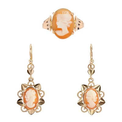 18 Karat French Shell Cameo Rose Gold Earrings Ring Set, 1960s, Set of 3  for sale at Pamono