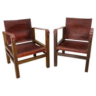 French Safari Style Chairs in Leather and Beech 1940 Set of 2
