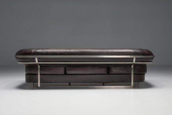 Stainless Steel Frame and Brown Leather Apollo Sofa 1960s for