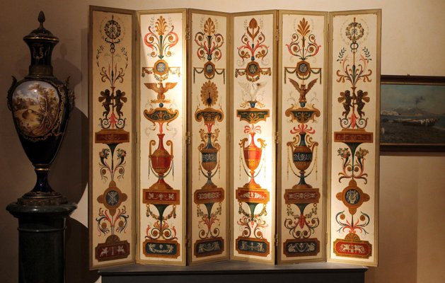 19th Century Italian Six-Panel Painted Wood Folding Screen in Gilt