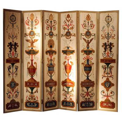 19th Century Italian Six-Panel Painted Wood Folding Screen in Gilt