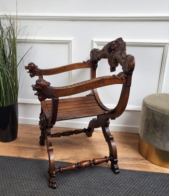 Italian Savonarola Chair in Carved Walnut, 1900 for sale at