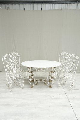 Antique Circular Garden Table in White Marble and Chairs, Set of 5 for sale  at Pamono