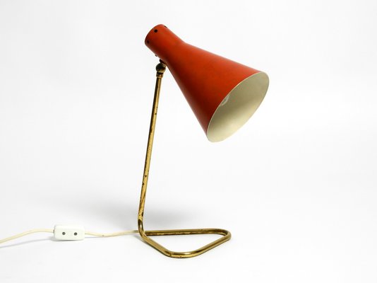 Large Mid-Century Modern Brass Table Lamp with Brick Red Shade