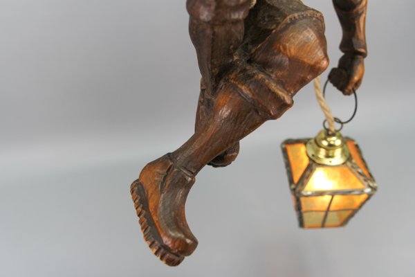 Large German Pendant Light Fixture with Carved Climber Figure and