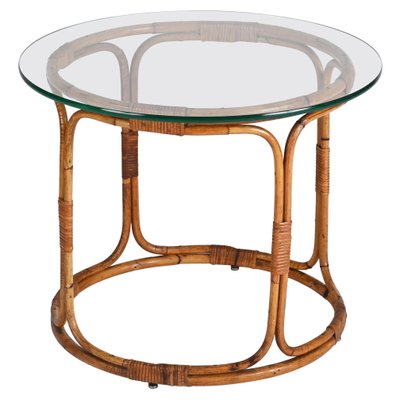 Mid Century Italian Round Rattan Bamboo Coffee Table with Glass Shelf 1960s