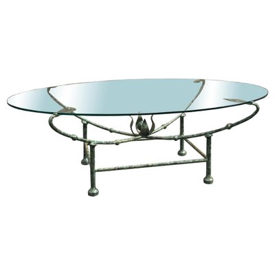 Oval Wrought Iron Coffee Table with Glass Top in the Style of Giacometti Italy 1970s