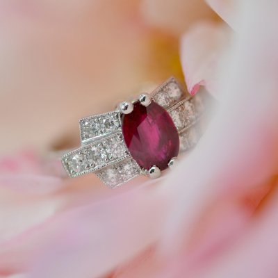 Bague Art Déco Or 14K - Rubis Et Diamants (0.20 Ct Total) - Taille 12 - Vintage Succession