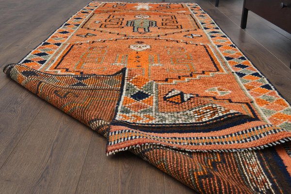 Vintage Turkish Orange Wool Oushak Runner Rug, 1960s for sale at