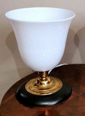 Art Deco Table Lamp in Opaline Glass, Brass and Wood from Mazda for sale at  Pamono