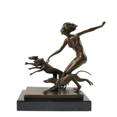 Josef Lorenzl, Art Deco Female Nude with Dogs, 1920s, Bronze on