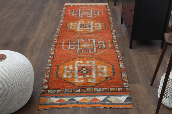 Vintage Turkish Orange Wool Rustic Oushak Runner Rug, 1950s for