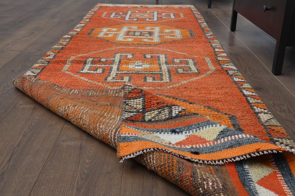 Vintage Turkish Orange Wool Rustic Oushak Runner Rug, 1950s for