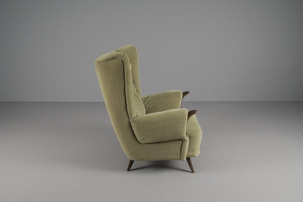 Large Green Italian Wood Fabric Wingback Armchair 1950s for