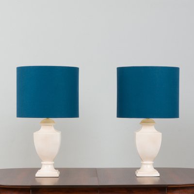 Large Italian Neoclassical Table Lamps with Deep Blue Linen Shades 1980s Set of 2