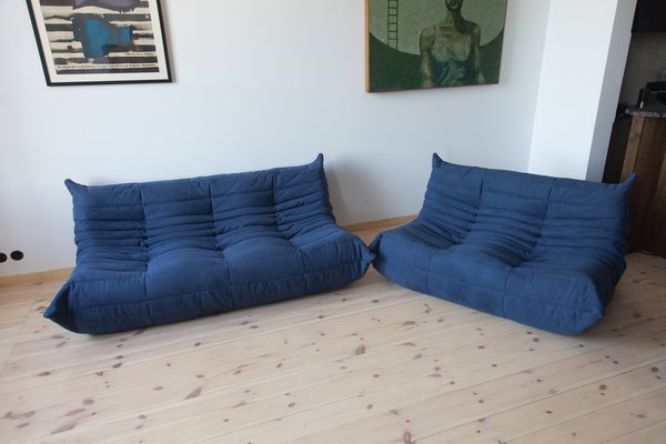 Set of Blue Microfiber Togo 2- and 3-Seat Sofa by Michel Ducaroy