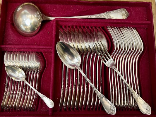 Art Nouveau Silver Metal Cutlery Set in Wooden Box, 1890s, Set of 37