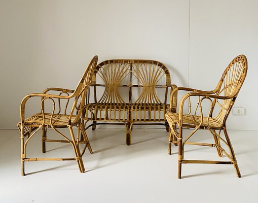 Bamboo and Wicker Sofa and Armchairs 1960s Set of 3 for sale at