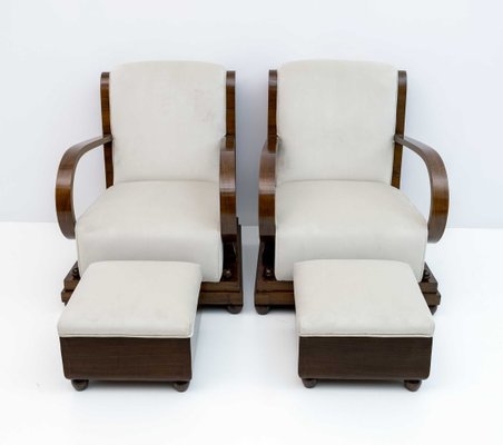 Art Deco Sofa Armchairs Poufs in Walnut and Velvet Italy 1920s Set of 5 for sale at Pamono