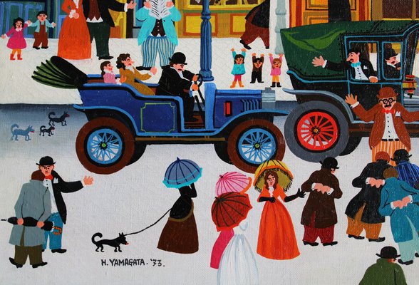 Hiro Yamagata, Lively Paris Street, 1973, Oil on Canvas for