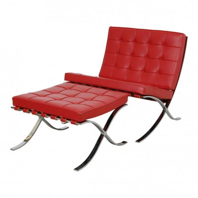 Set of Red Leather Barcelona Chair with Ottoman by Ludwig Mies Van