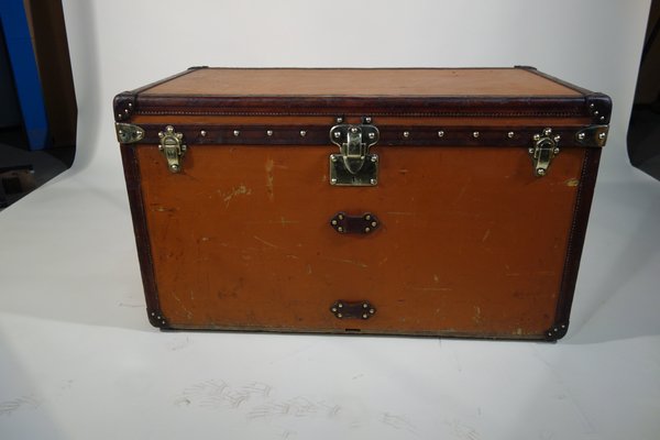 French Steamer Trunk With Orange, Leather Handles For Steamer Trunk