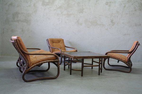 Rattan Leather Italian Sofa Armchairs and Table Italy 1970s