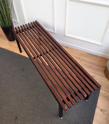 Mid-Century Modern Italian Metal Base Brass Feet Wooden Slat Bench