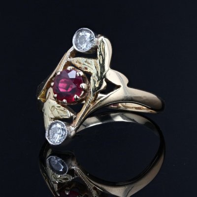 Bague En Or 18 Carats Avec Pierre Rouge Et Diamants - Poids 3.90 G - Taille 56 - Occasion Magnifique - Style Cocktail