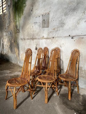 Mid Century Modern French High Back Dining Chairs in Bamboo and Rattan 1960s Set of 6