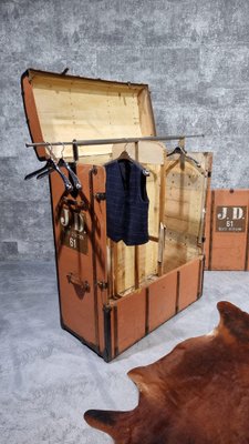Vintage Steamer Wardrobe Trunk in Brass and Bound Canvas 1890s
