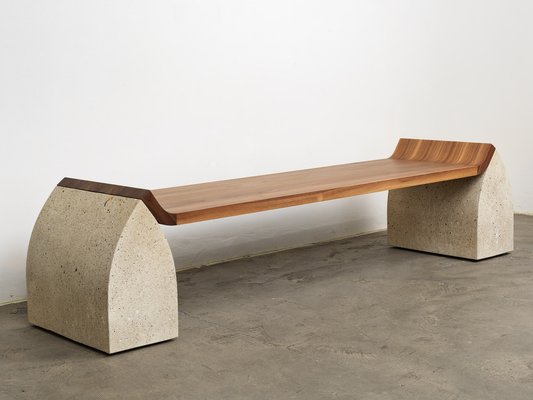 Large American Traaf Bench in Walnut and Granito Stone by Tim Vranken