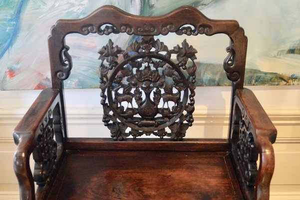 Chinese Wooden Chair with Carved Back and Armrests 1850