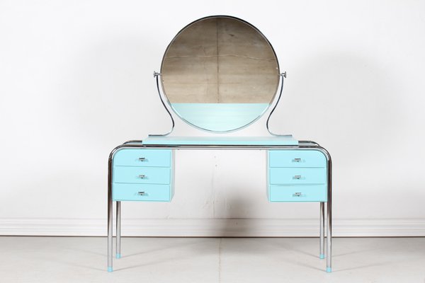 Art Deco Danish Dressing Table with Round Mirror and Chair 1930s
