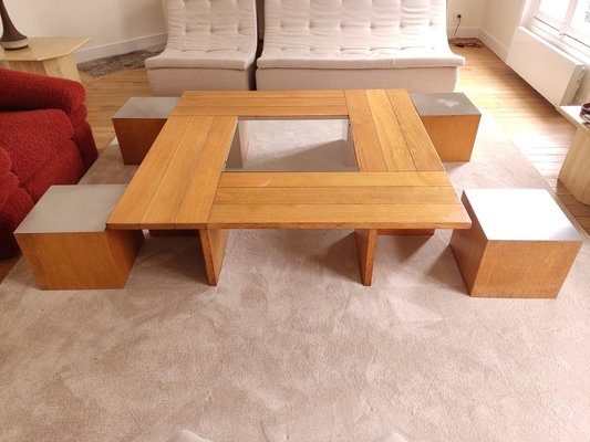 Großer Couchtisch aus Holz mit kubischen Sitzen, 5er Set bei Pamono kaufen