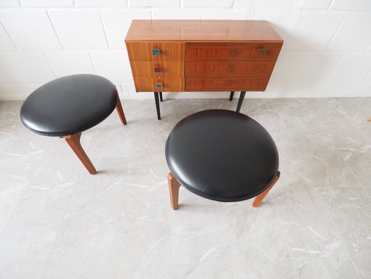 Vintage Danish Stool in Teak with Black Faux Leather Cover by Sven Ellekaer  for Christian Linneberg, 1960s for sale at Pamono