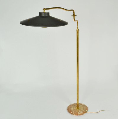 Italian Swing Arm Floor Lamp in Brass with Original Black Shade