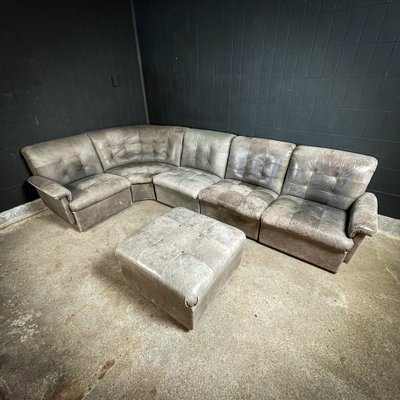 Vintage Mid Century Gray Leather Patchwork Modular Corner Sofa