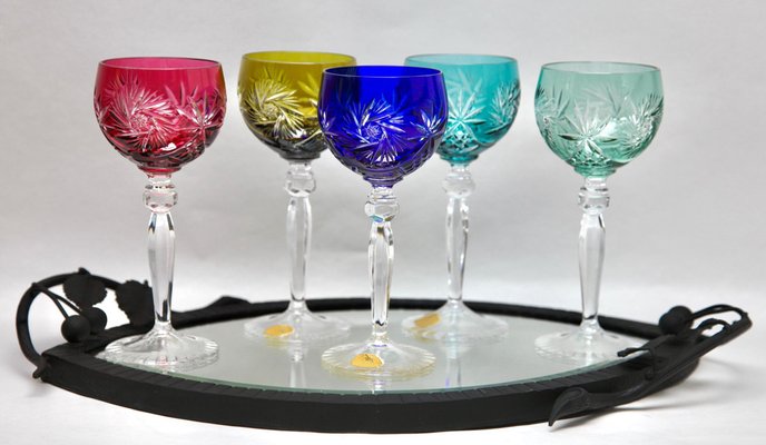Set Of Six Massive Red Wine Lead Crystal Glasses Modern Design - Bohemia  Crystal - Original crystal from Czech Republic.