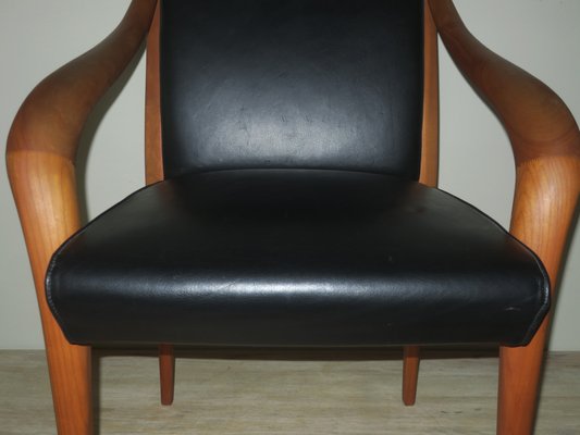Black Leather and Cherrywood Lounge Chair with Curved Arms for sale at  Pamono