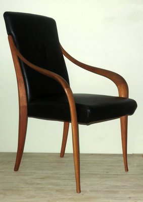 Black Leather and Cherrywood Lounge Chair with Curved Arms for sale at  Pamono