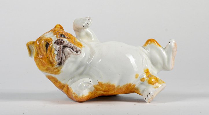 Petite Statuette Ancienne 3 Bouledogues En Céramique émaillée - Déco Vintage