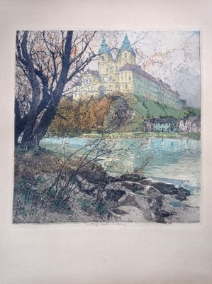 Luigi Kasimir, View from Vienna (Melk Abbey), Handcoloured Etching