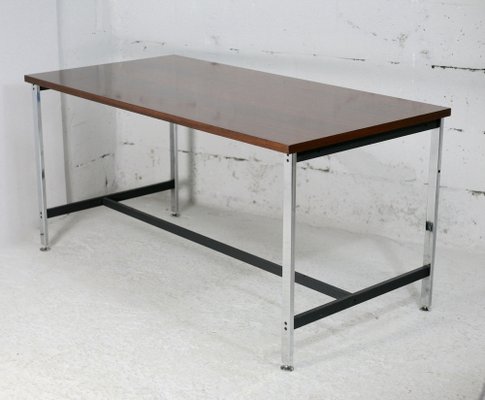 Large Chromed Steel Desk with Wooden Top France 1970s
