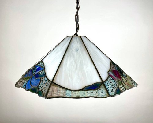 Vintage Tiffany Style Ceiling Lamp in Stained Glass Brass Italy