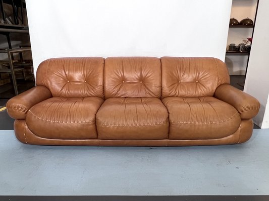 Vintage Cognac Leather Sofa and Armchairs by Sapporo for Mobil Girgi Italy 1970s Set of 3