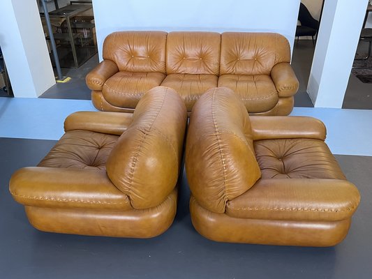 Vintage Cognac Leather Sofa and Armchairs by Sapporo for Mobil